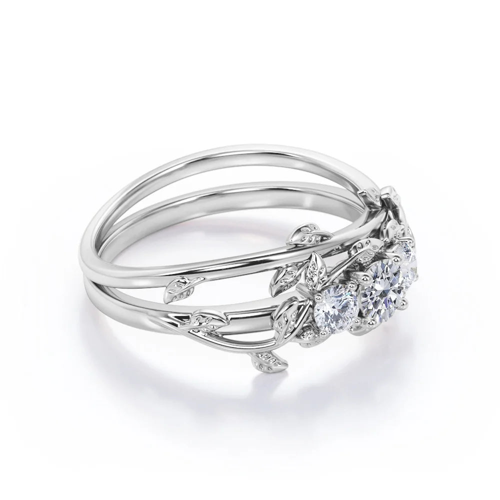 1 Carat Round Brilliant Cut Moissanite Triple Stone Wedding Ring Set in 18K White Gold Plating over Silver X31478