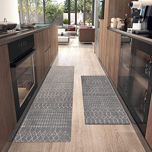 Boho Kitchen Mat Set of 2 Non Skid Washable Dark Grey 17"x47"+17"x30" F4350