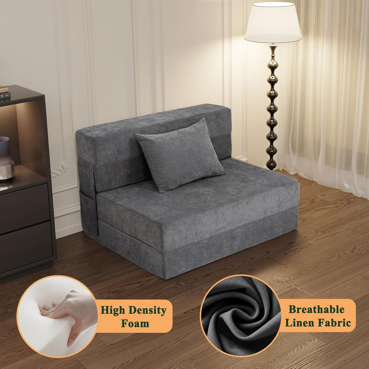 Gray Twin Folding Sofa Bed with Pillow R1149