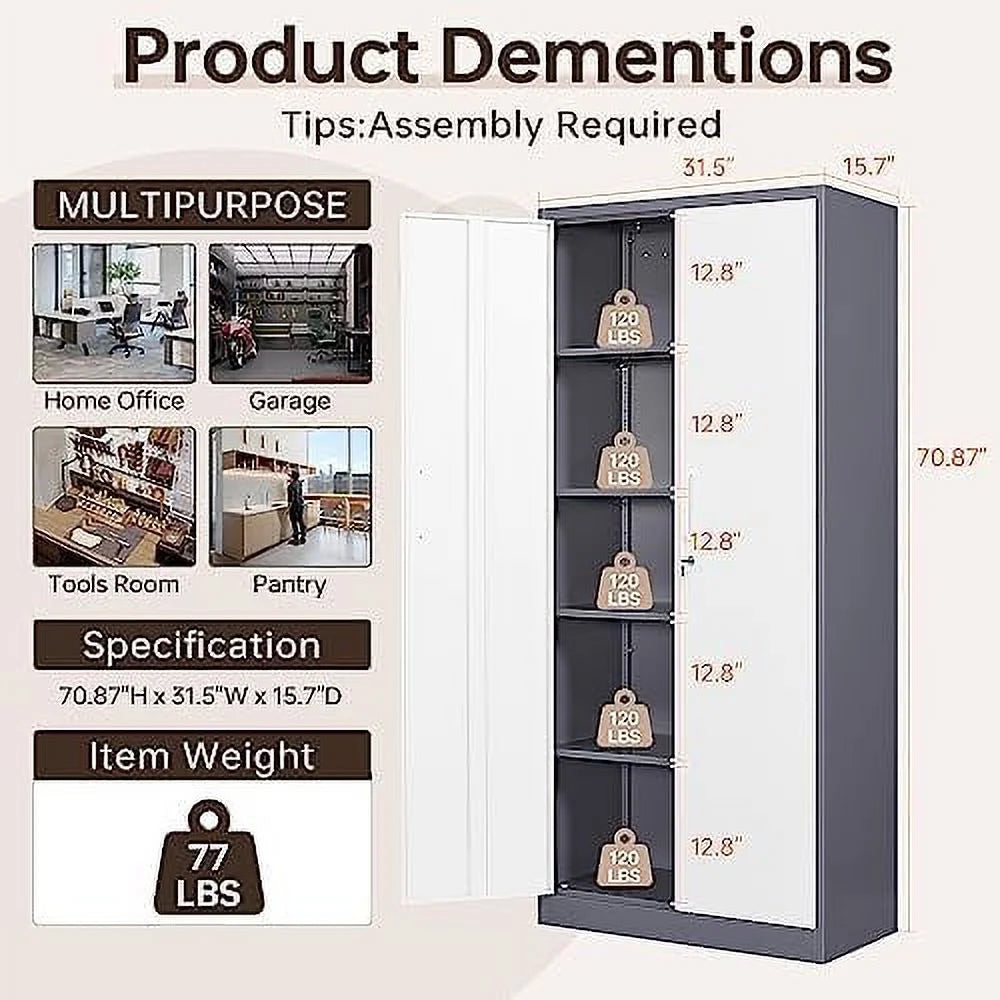 Metal Cabinet with Locking Doors 71" Tall 2 Adjustable Shelves Steel Cabinet N950063