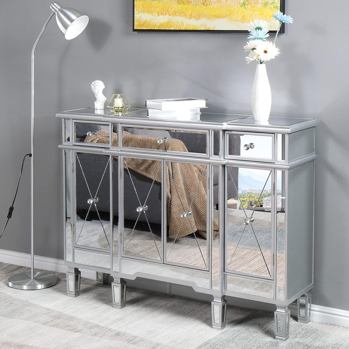 Mirrored Cabinet Console Table Dresser with 3 Drawer and Doors E811