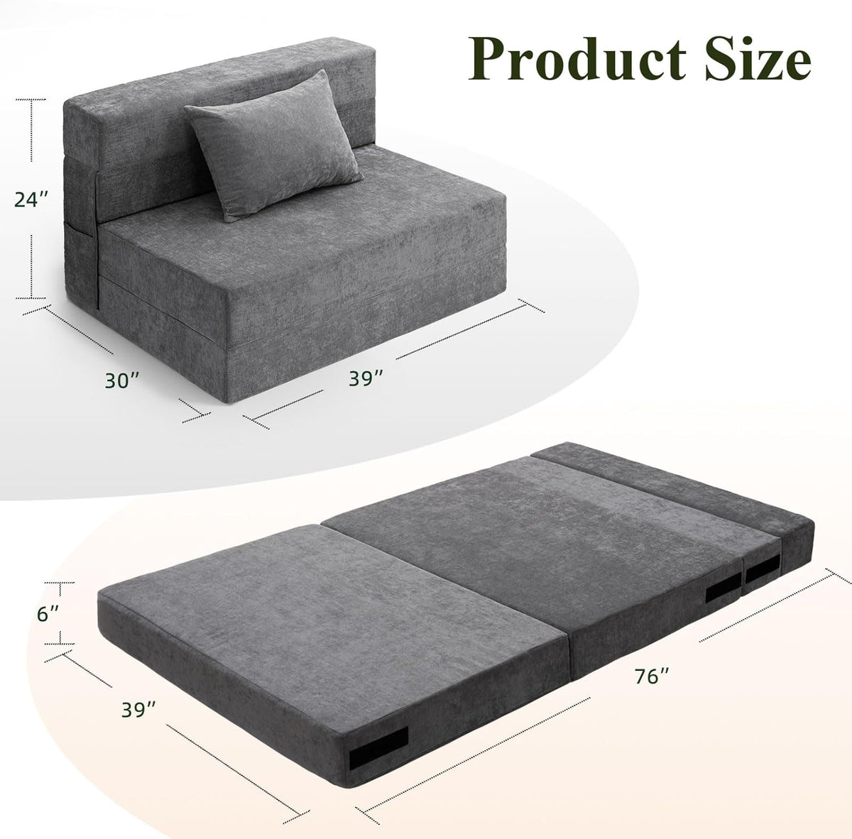 Gray Twin Folding Sofa Bed with Pillow R1149