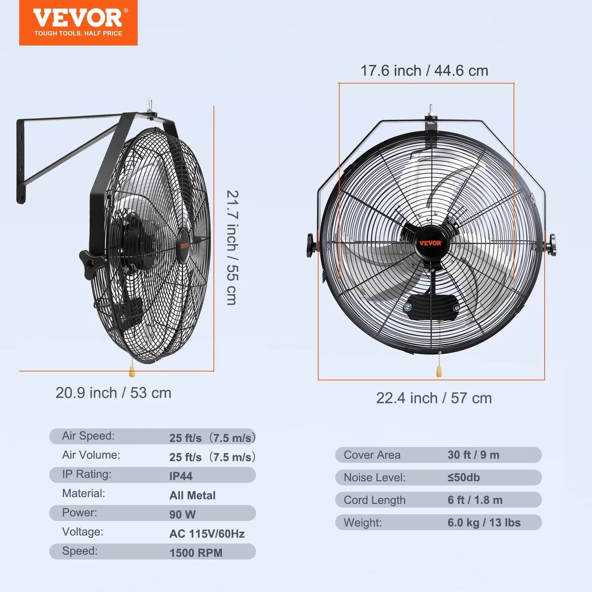 Wall Mount Oscillating Fan 17.6'' 3 Speed Waterproof I80270