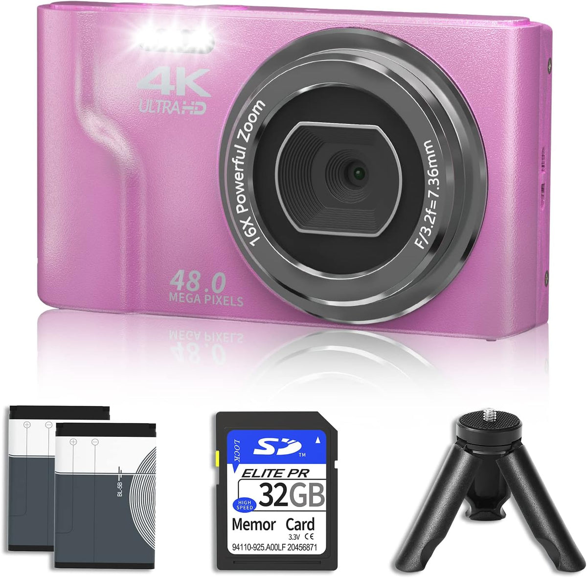 4K 48MP Mini Digital Camera with 2 Batteries, 32GB SD Card, Tripod, Black, Pack of 2 E722797