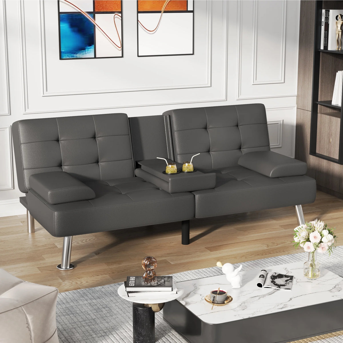 Faux Leather Convertible Futon Sofa Bed with 2 Cup Holders E177094