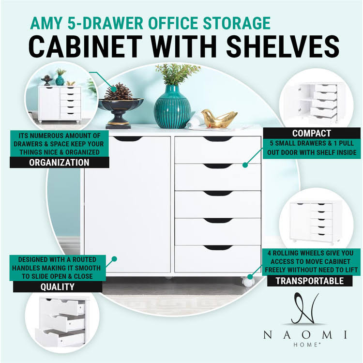 Gray 5-Drawer Office Storage Cabinet with Shelves V28491
