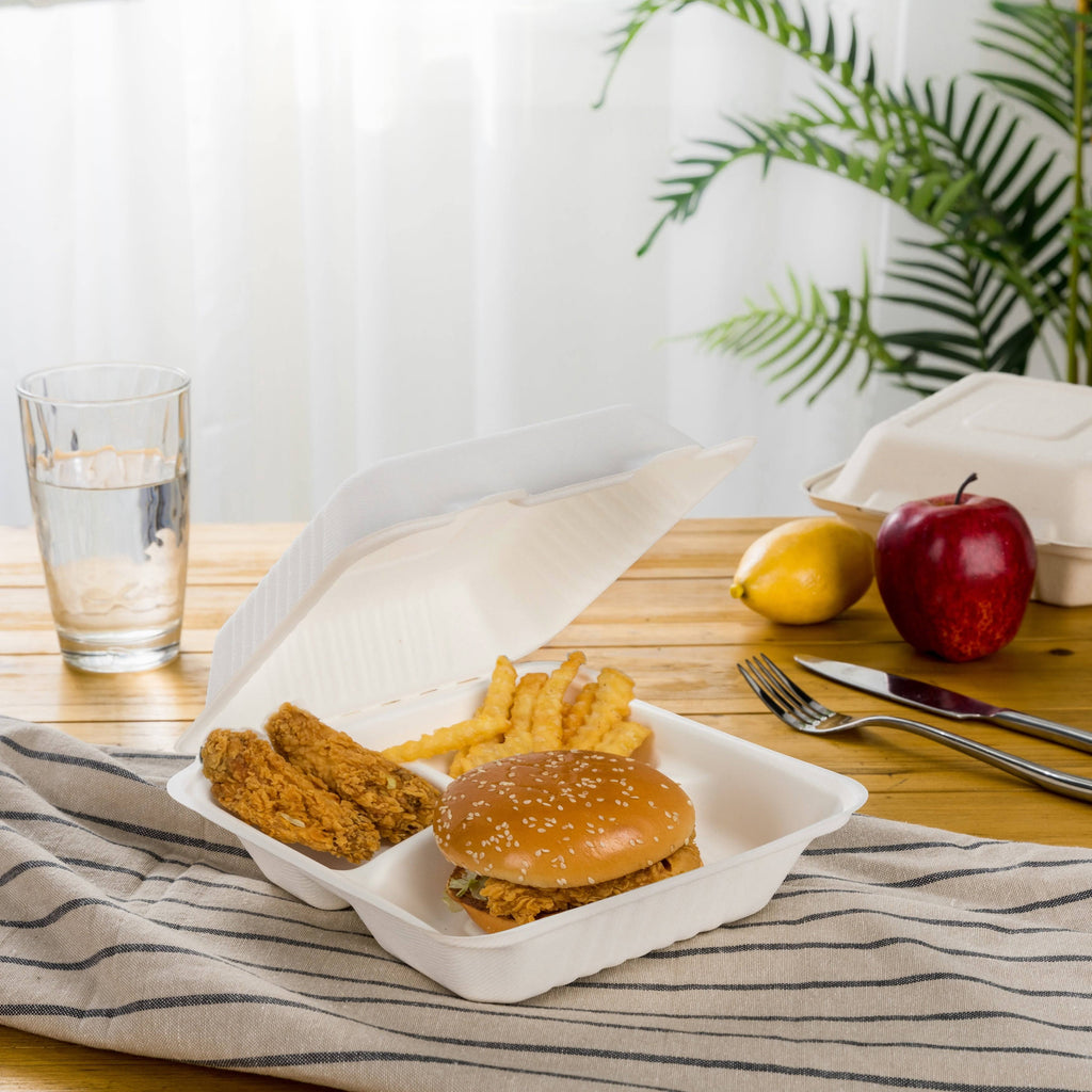 10 inch Natural Compostable Sugarcane Sectional Clamshell Containers, 300 Pack E570