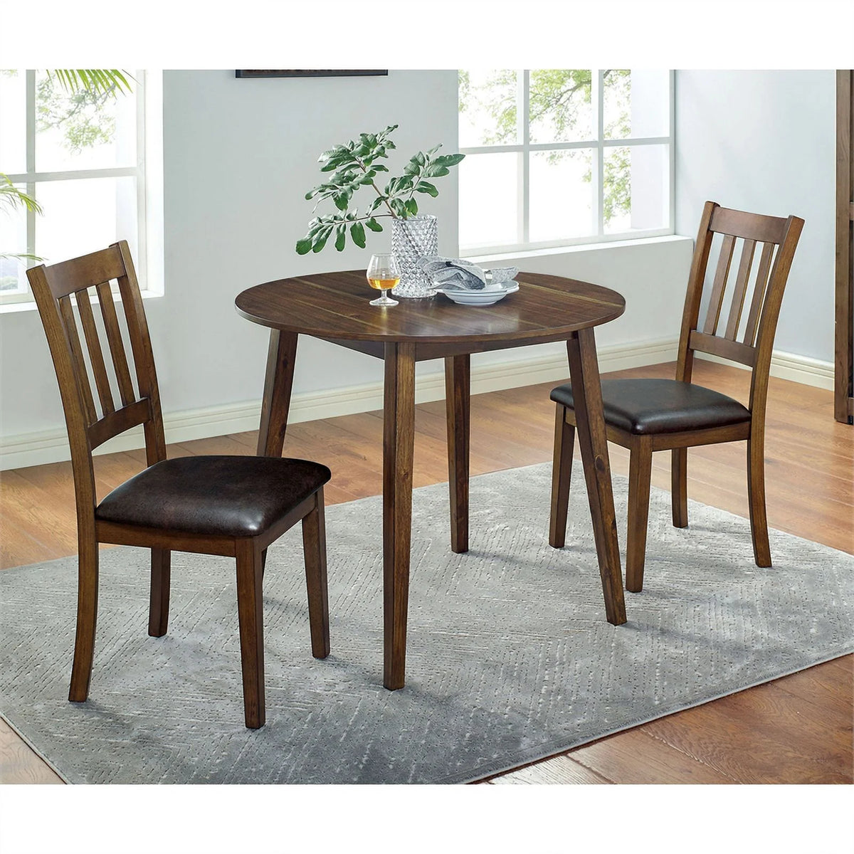Wood 3-Piece Round Dining Table Set in Walnut C2886