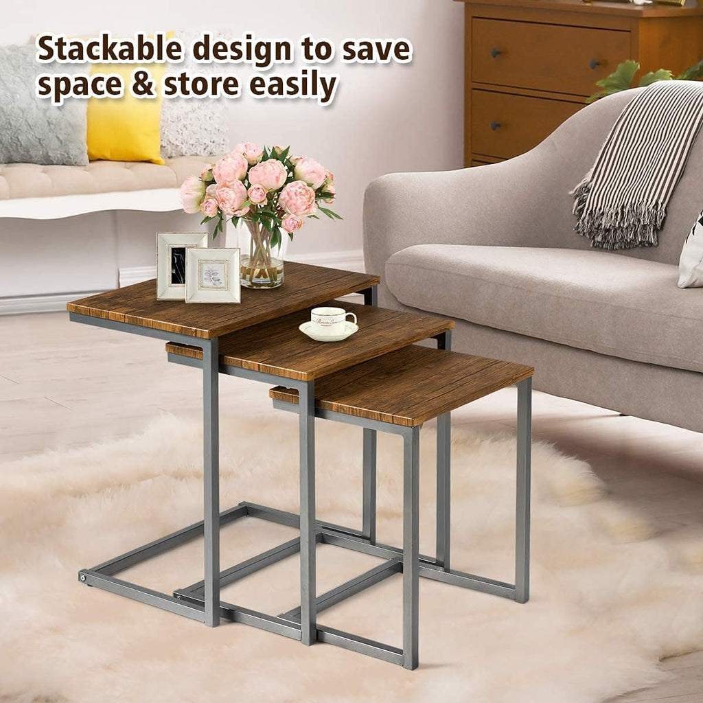Walnut Nesting End Table, 3pcs Stacking Coffee Table with Metal Frame I66295