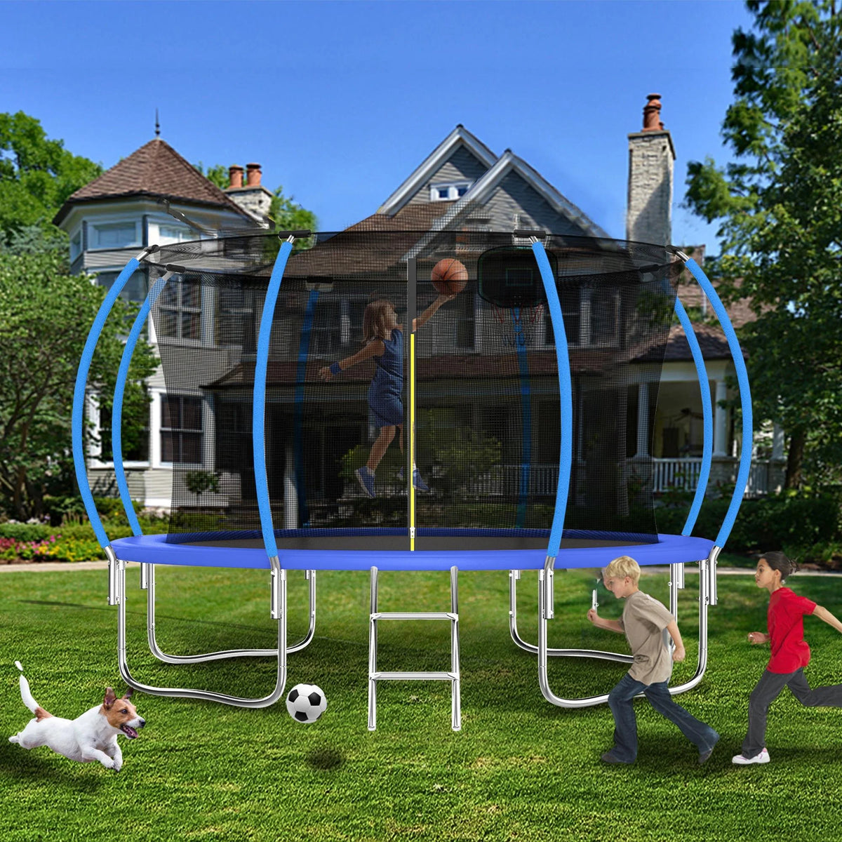 12FT Blue Outdoor Kids Trampoline with Basketball Hoop & Enclosure M72145