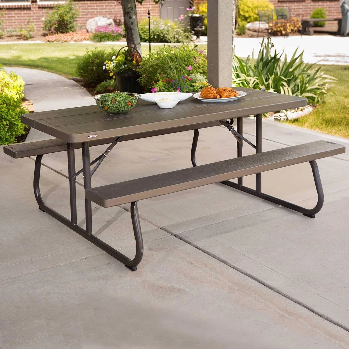 6-Foot Dark Brown Faux Wood Folding Picnic Table W32373