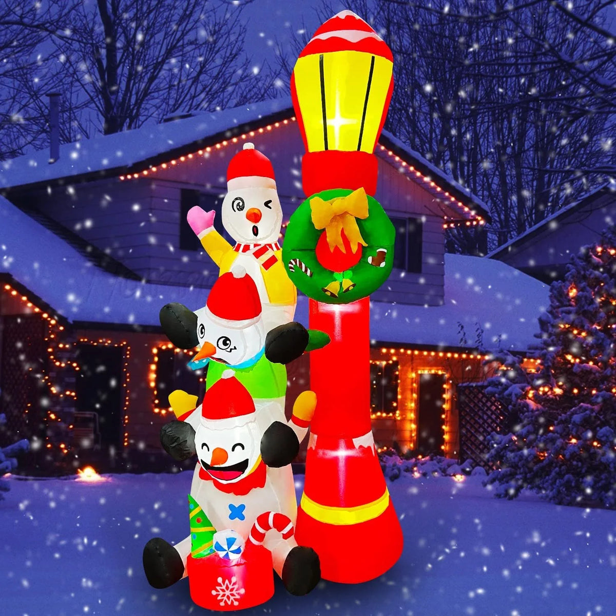 6 FT Inflatable Snowmans Stack of 3 with Street Light Sign N414