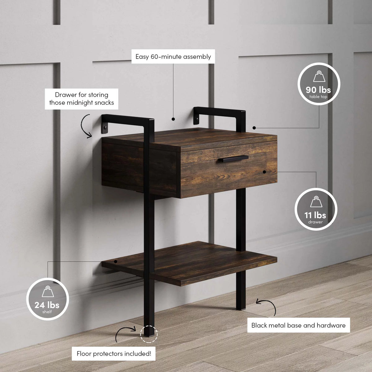 Rustic Wall Mount Nightstand with Drawer and Storage Shelf J500683