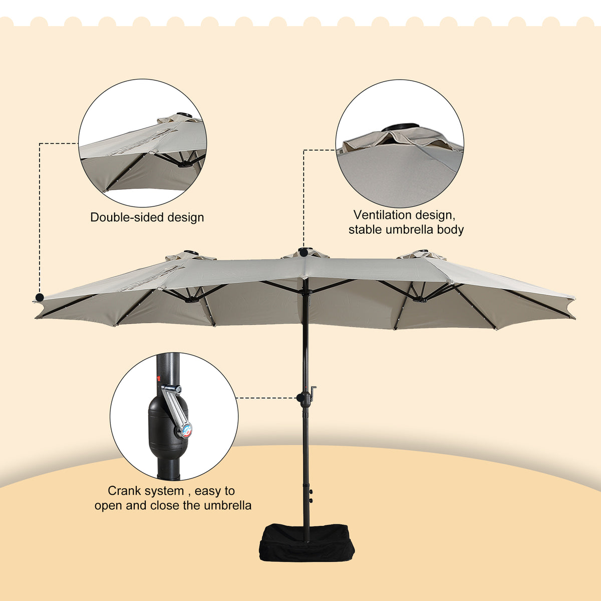 15ft Outdoor Solar Umbrella with 36 LED Patio Double-Sided Umbrella with Crank, Air-Vented Canopy, Base Included (Beige) G546