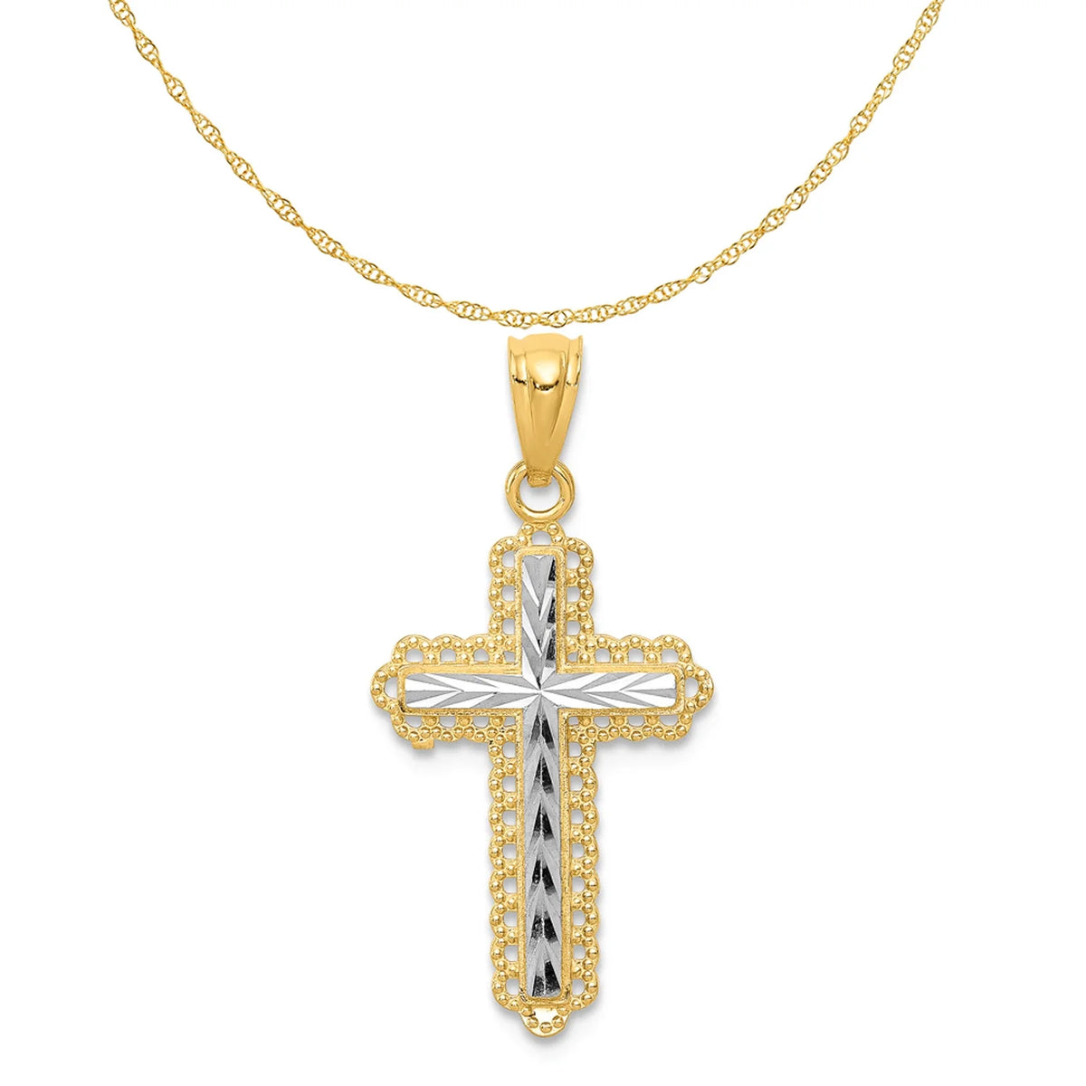 14K Two-Tone Gold Rhodium Plated Diamond Cut Cross Pendant with 14K Yellow Gold Rope Chain 16" H473744