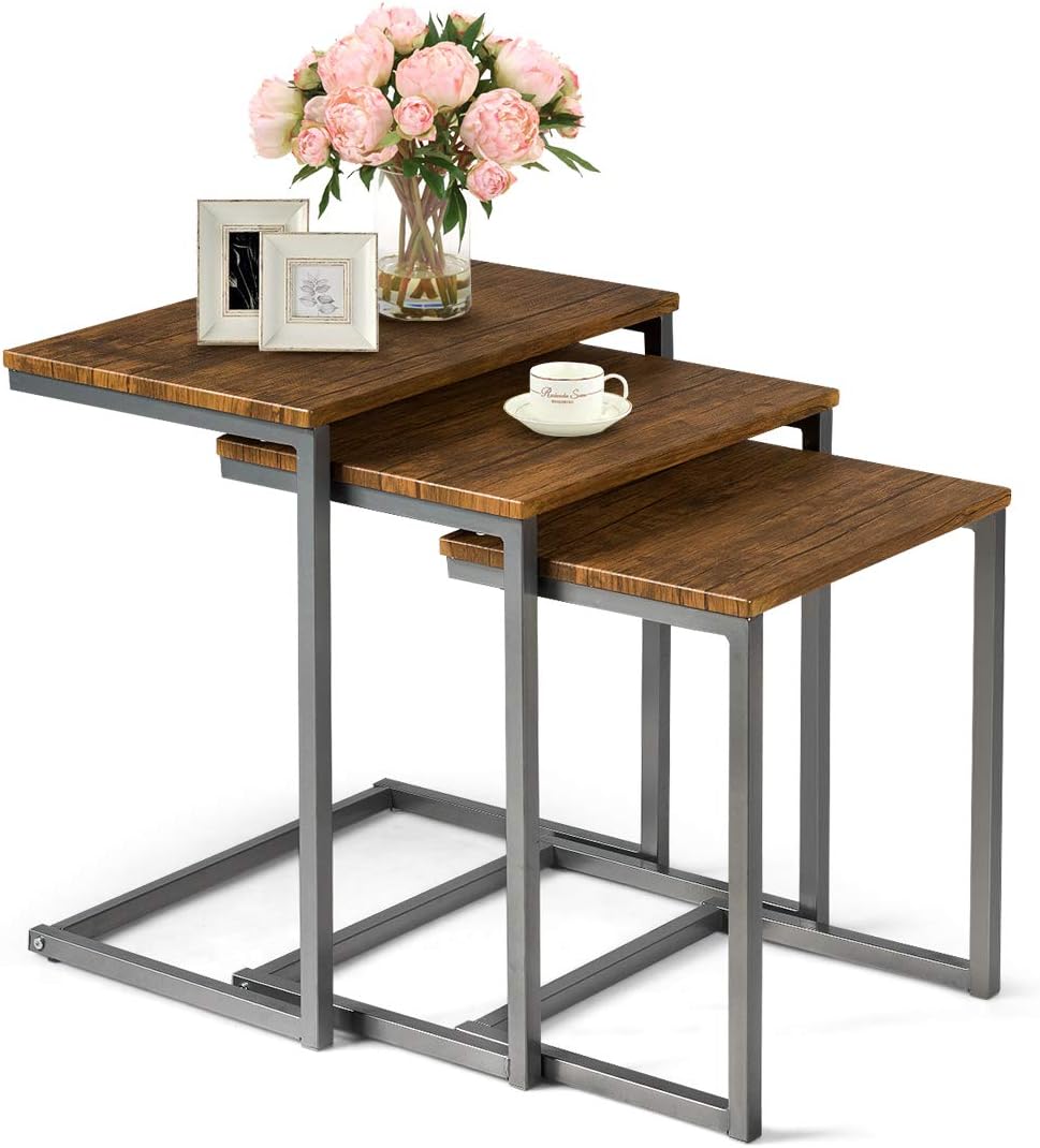 Walnut Nesting End Table, 3pcs Stacking Coffee Table with Metal Frame I66295