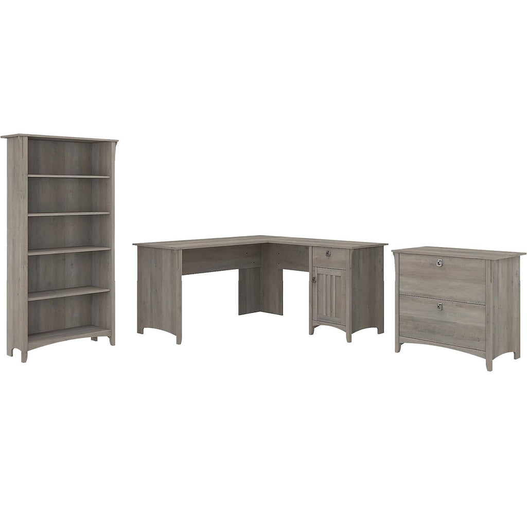 L Shaped Desk with Lateral File Cabinet and 5 Shelf Bookcase, Driftwood Gray M412904