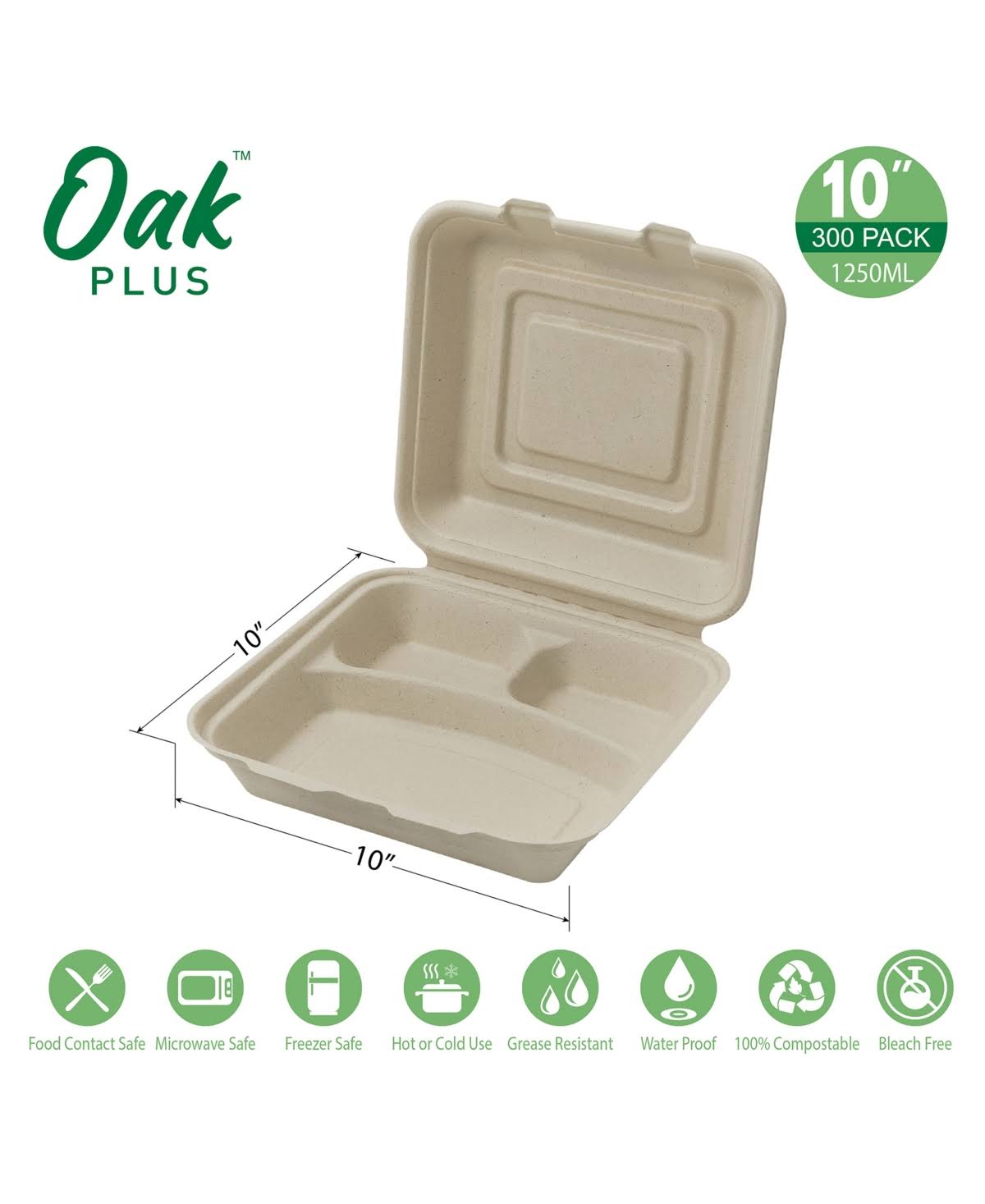 10 inch Natural Compostable Sugarcane Sectional Clamshell Containers, 300 Pack E570