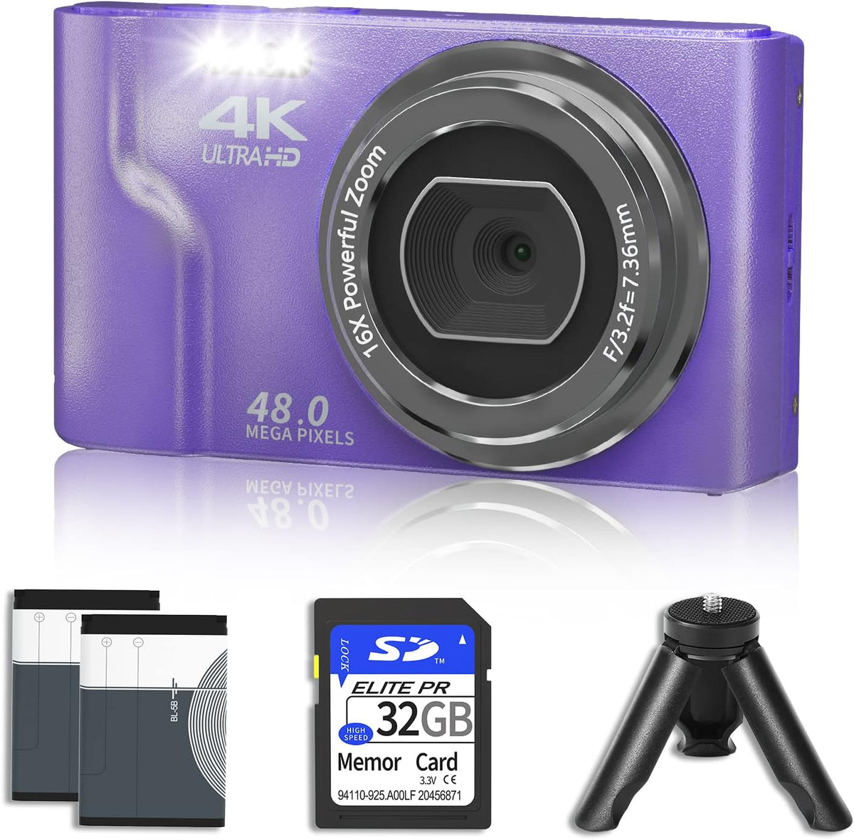 4K 48MP Mini Digital Camera with 2 Batteries, 32GB SD Card, Tripod, Black, Pack of 2 E722797