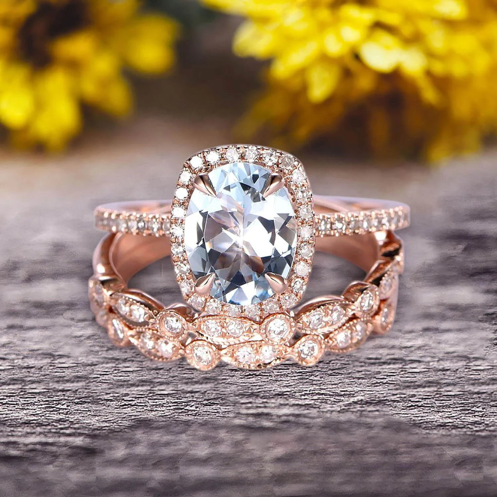 Oval Cut Aquamarine Engagement Ring 10k Rose Gold With Matching Wedding Band A8801