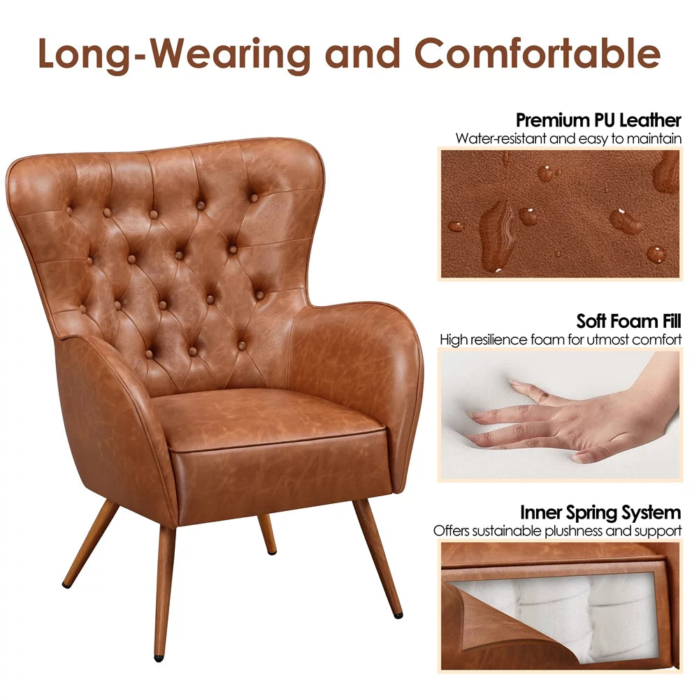 Brown Faux Leather Accent Chair with Tufted High Back L5213