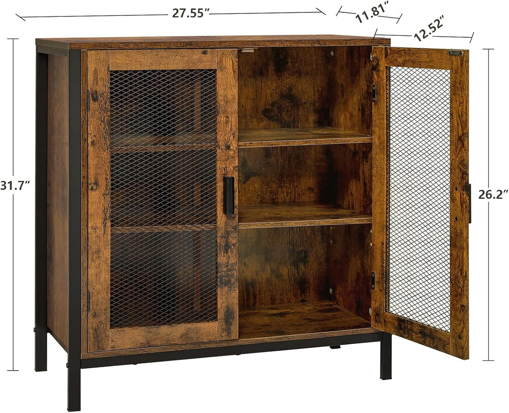 Rustic Brown 3-Tier Storage Cabinet with 2 Mesh Doors S442
