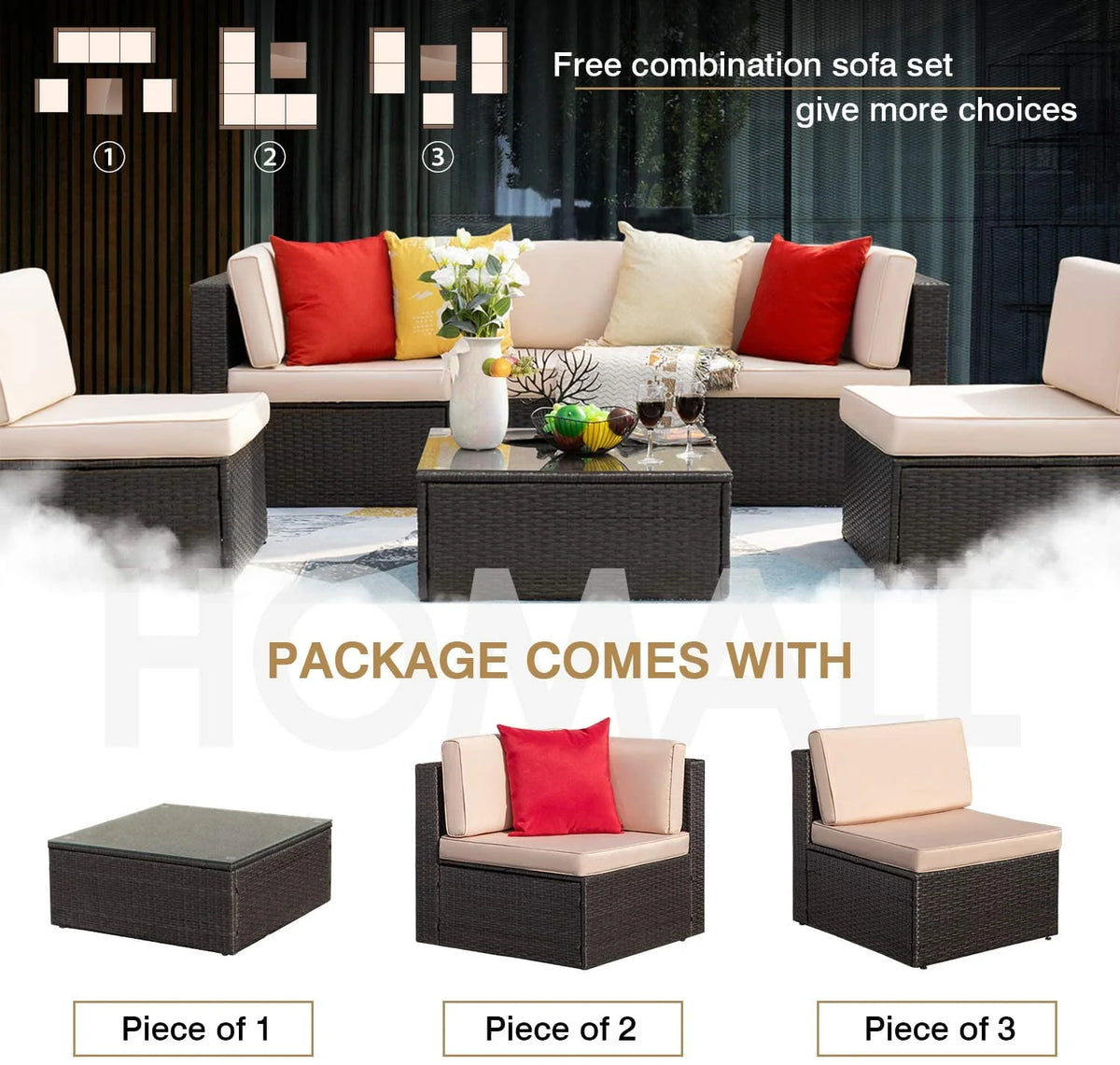 6 Pieces Wicker PE Rattan Sectional Sofa with Cushions C9309