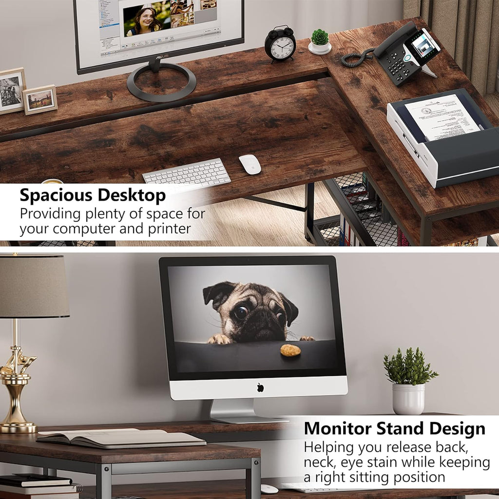 L Shaped Desk with Monitor Stand and Storage Shelf Q90992
