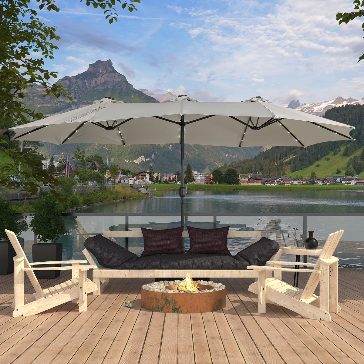 15ft Outdoor Solar Umbrella with 36 LED Patio Double-Sided Umbrella with Crank, Air-Vented Canopy, Base Included (Beige) G546