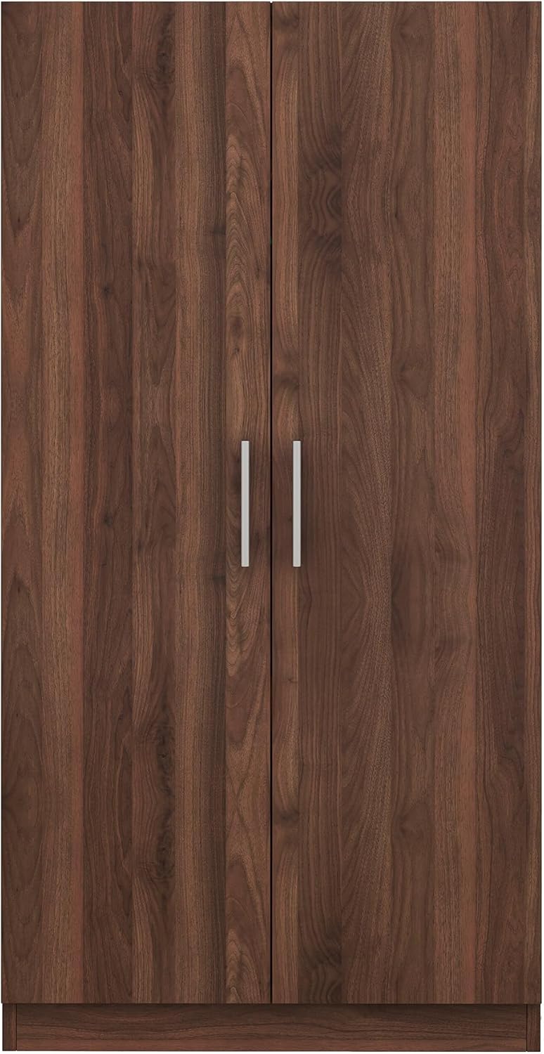 Freestanding Mirror Wardrobe with 2 Drawers & Shelves, Hanging Rod, Brown F584722
