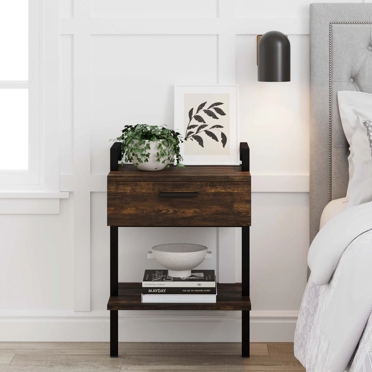 Rustic Wall Mount Nightstand with Drawer and Storage Shelf J500683