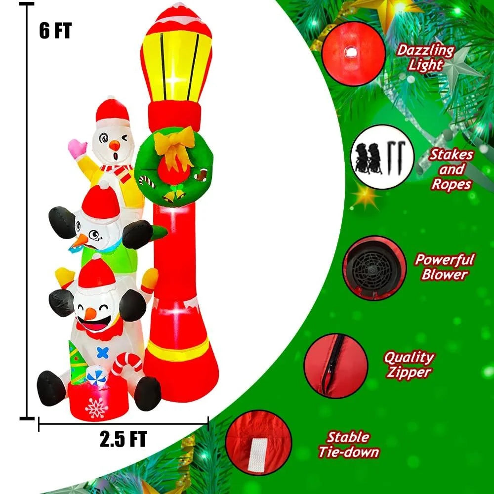 6 FT Inflatable Snowmans Stack of 3 with Street Light Sign N414