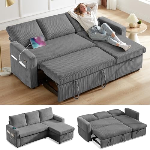Corduroy Grey L Shaped Sleeper Sofa with Storage Chaise N15369