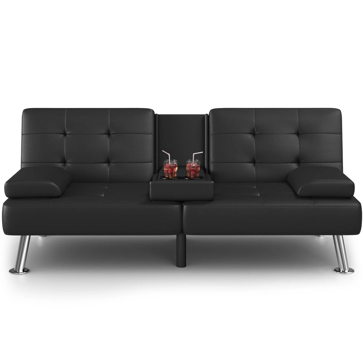 Faux Leather Convertible Futon Sofa Bed with 2 Cup Holders E177094