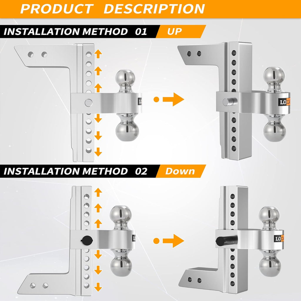 Adjustable Aluminum Trailer Hitch, Fits 2-Inch Receiver, 10-Inch Drop/Rise, 12,500 LBS T830438