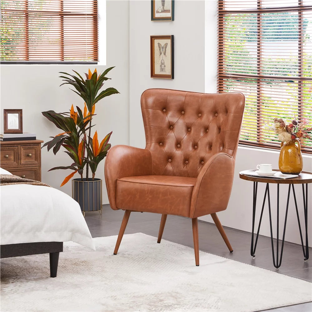 Brown Faux Leather Accent Chair with Tufted High Back L5213