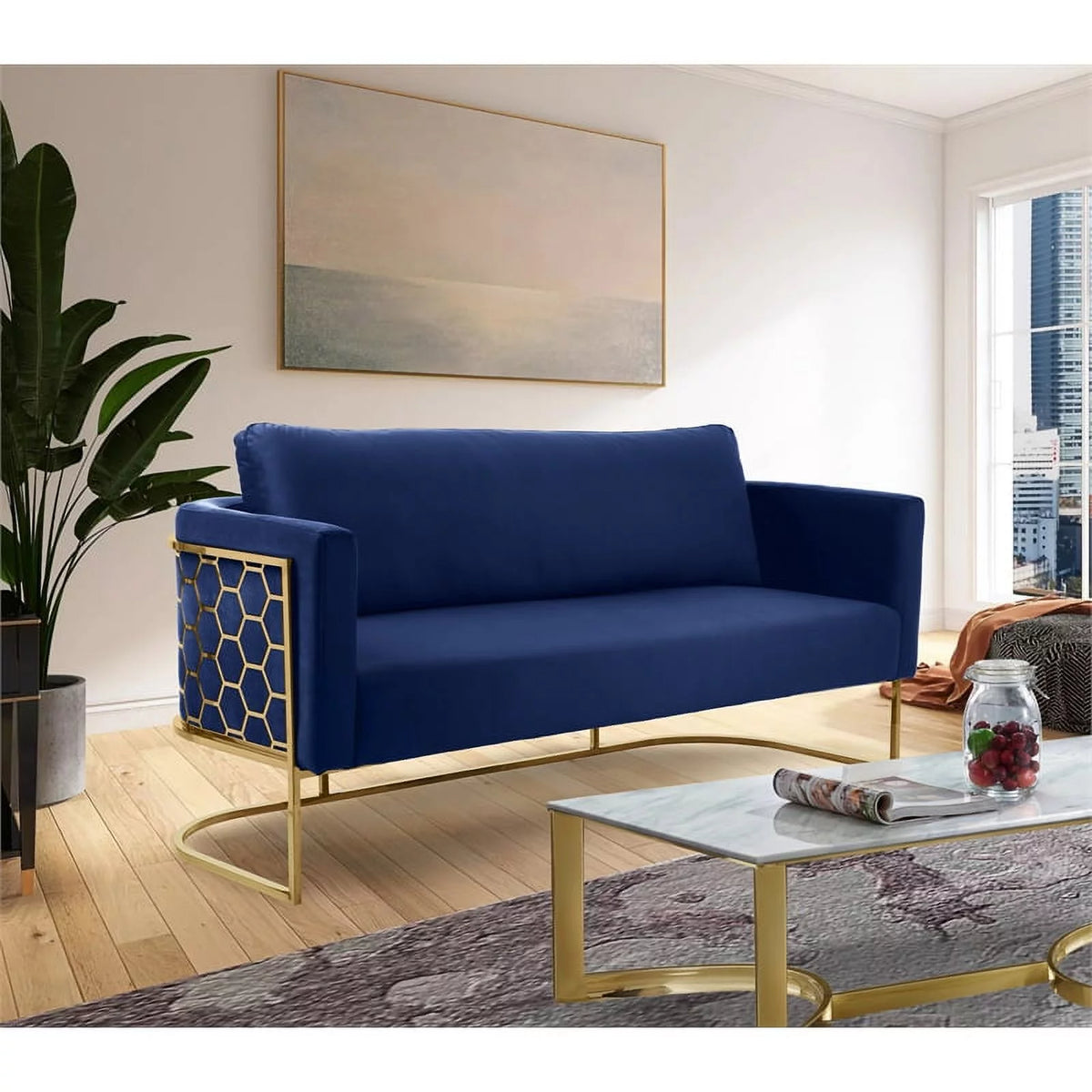 Navy Velvet Sofa with Gold Metal Base G43645