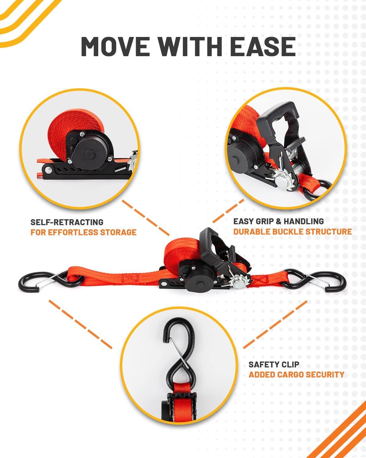 Retractable Ratchet Straps 1 in x 15 ft Heavy Duty Tie Downs with S Hooks B5101