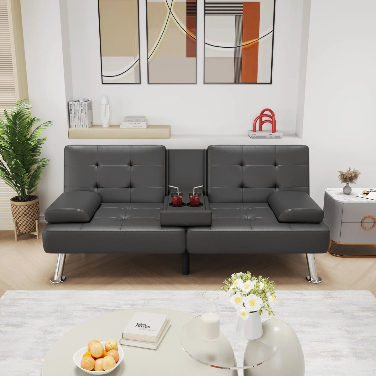 Faux Leather Convertible Futon Sofa Bed with 2 Cup Holders E177094