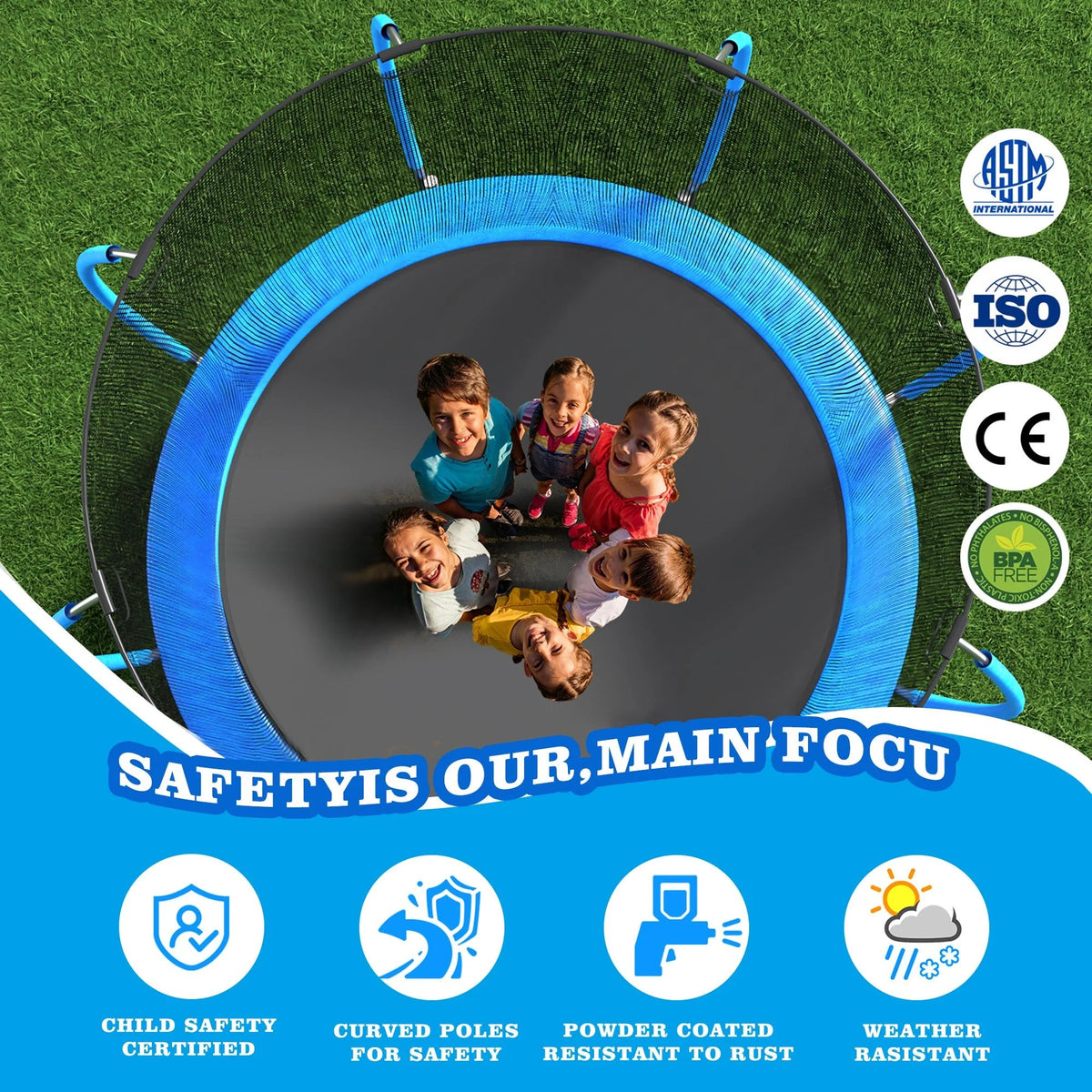 12FT Blue Outdoor Kids Trampoline with Basketball Hoop & Enclosure M72145