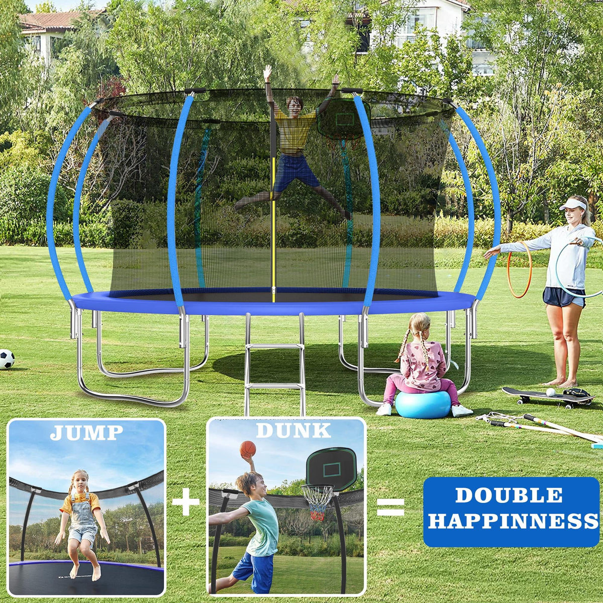 12FT Blue Outdoor Kids Trampoline with Basketball Hoop & Enclosure M72145
