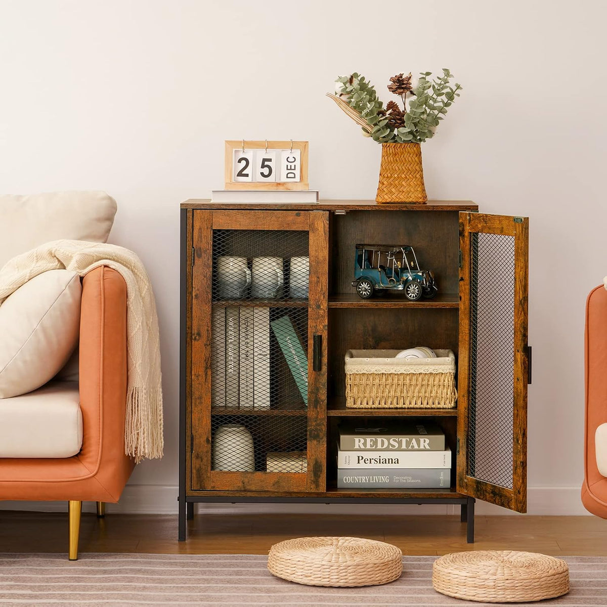 Rustic Brown 3-Tier Storage Cabinet with 2 Mesh Doors S442