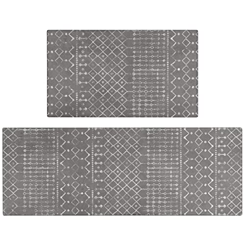 Boho Kitchen Mat Set of 2 Non Skid Washable Dark Grey 17"x47"+17"x30" F4350