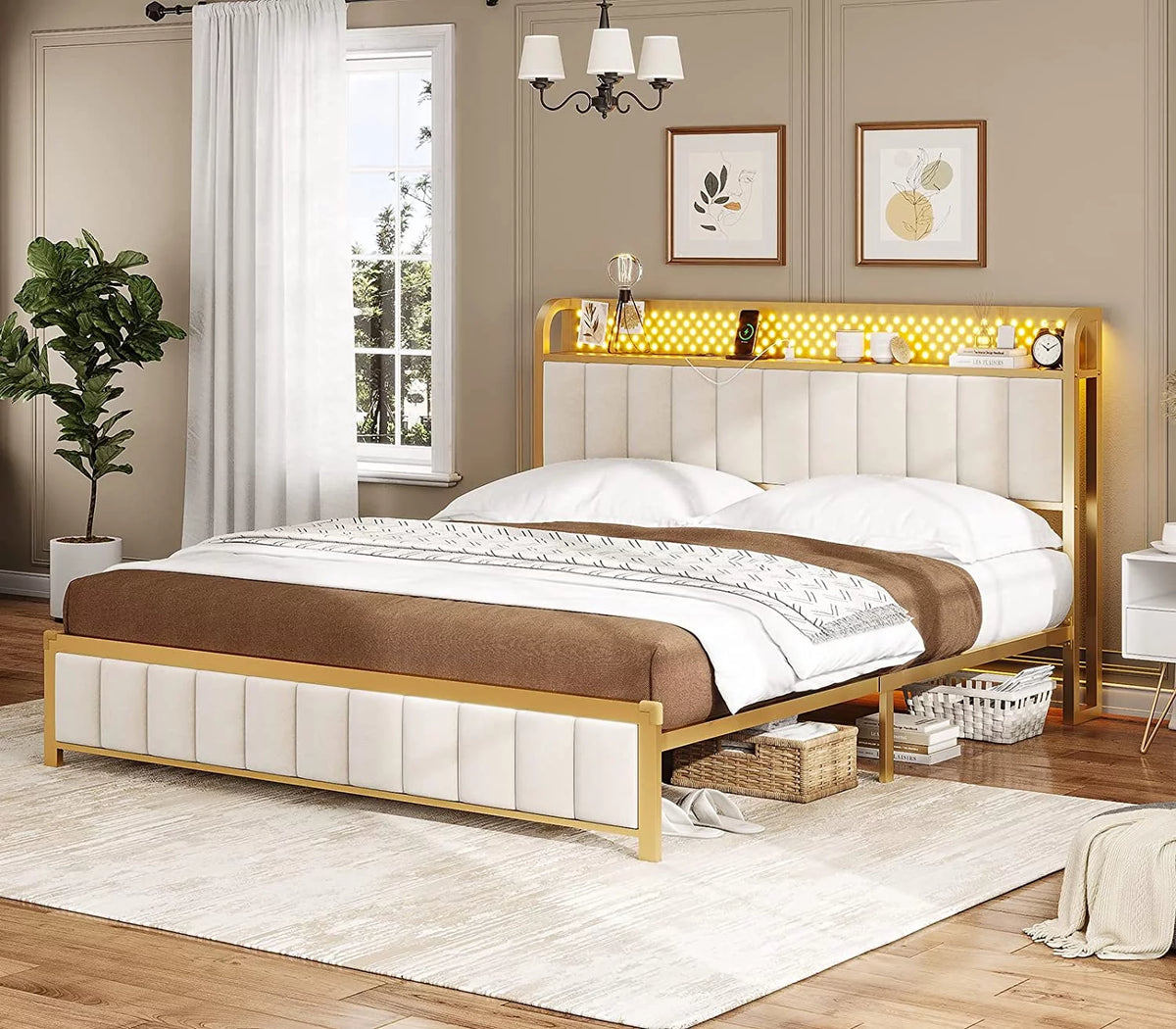 LED Queen Bed Frame with Storage Headboard and Drawers Z719