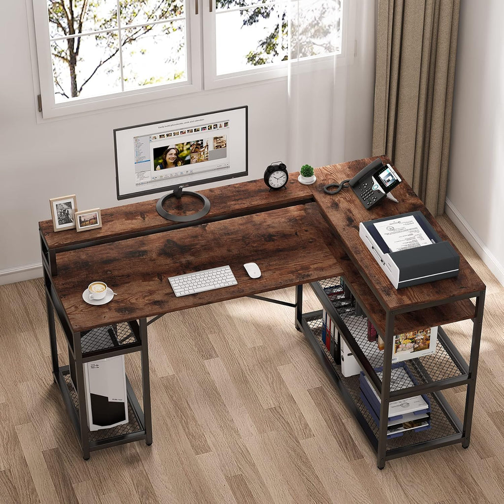 L Shaped Desk with Monitor Stand and Storage Shelf Q90992