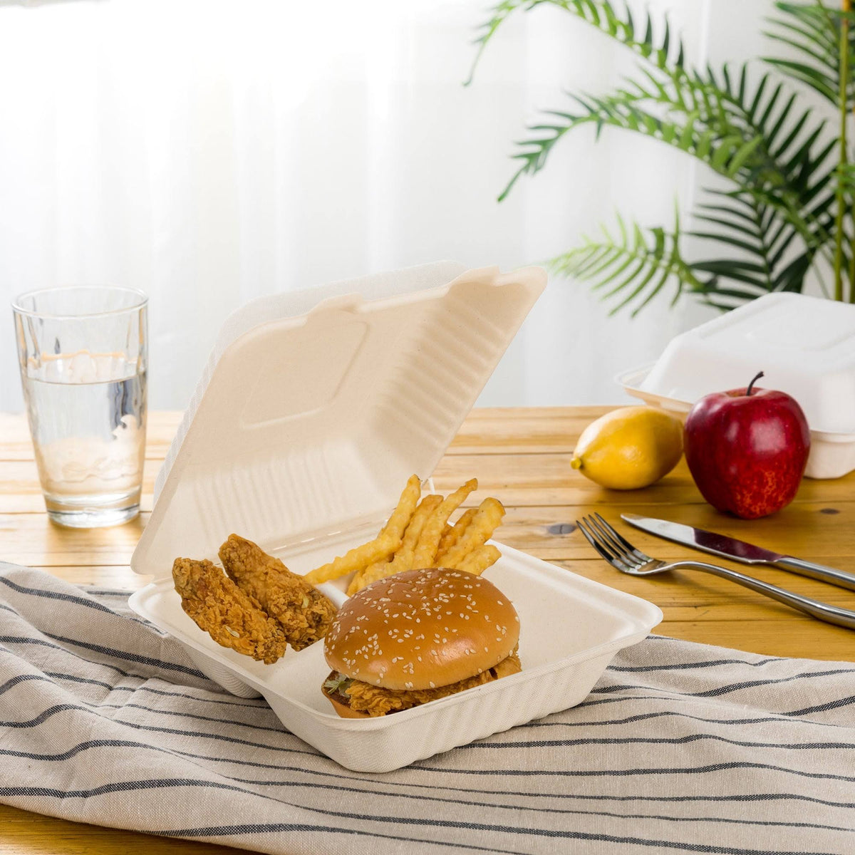 10 inch Natural Compostable Sugarcane Sectional Clamshell Containers, 300 Pack E570