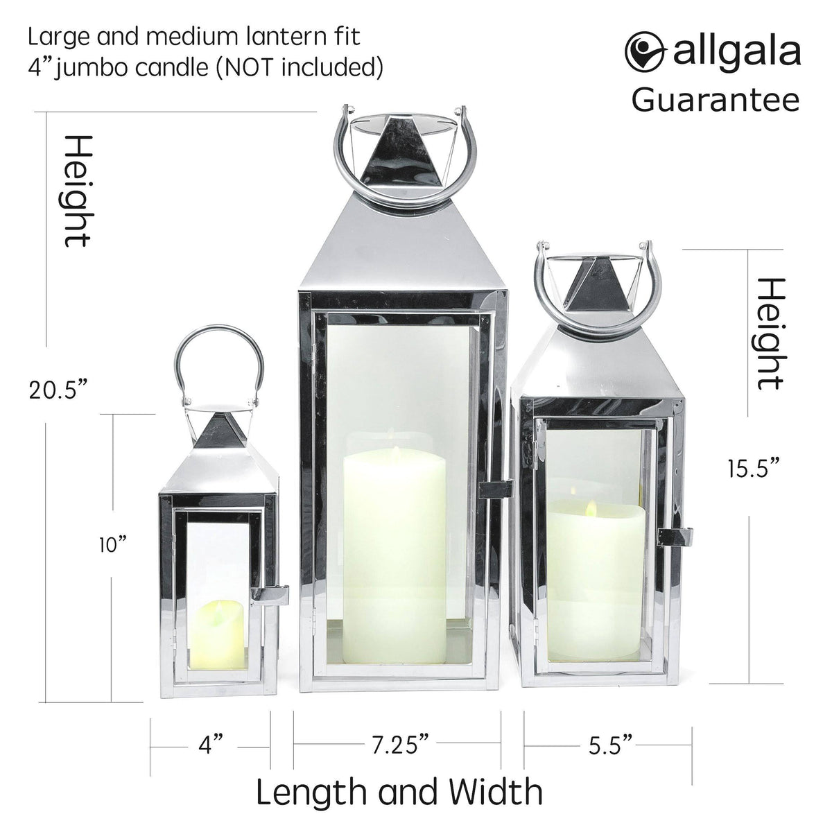3-Pc Set Indoor/Outdoor Hurricane Candle Lantern Set with Chrome Plated Structure and Tempered Glass N7738