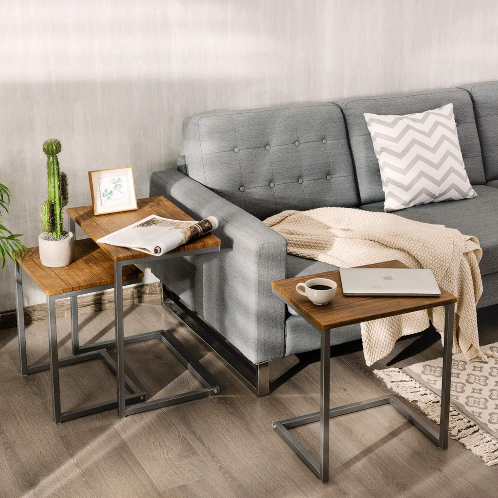 Walnut Nesting End Table, 3pcs Stacking Coffee Table with Metal Frame I66295