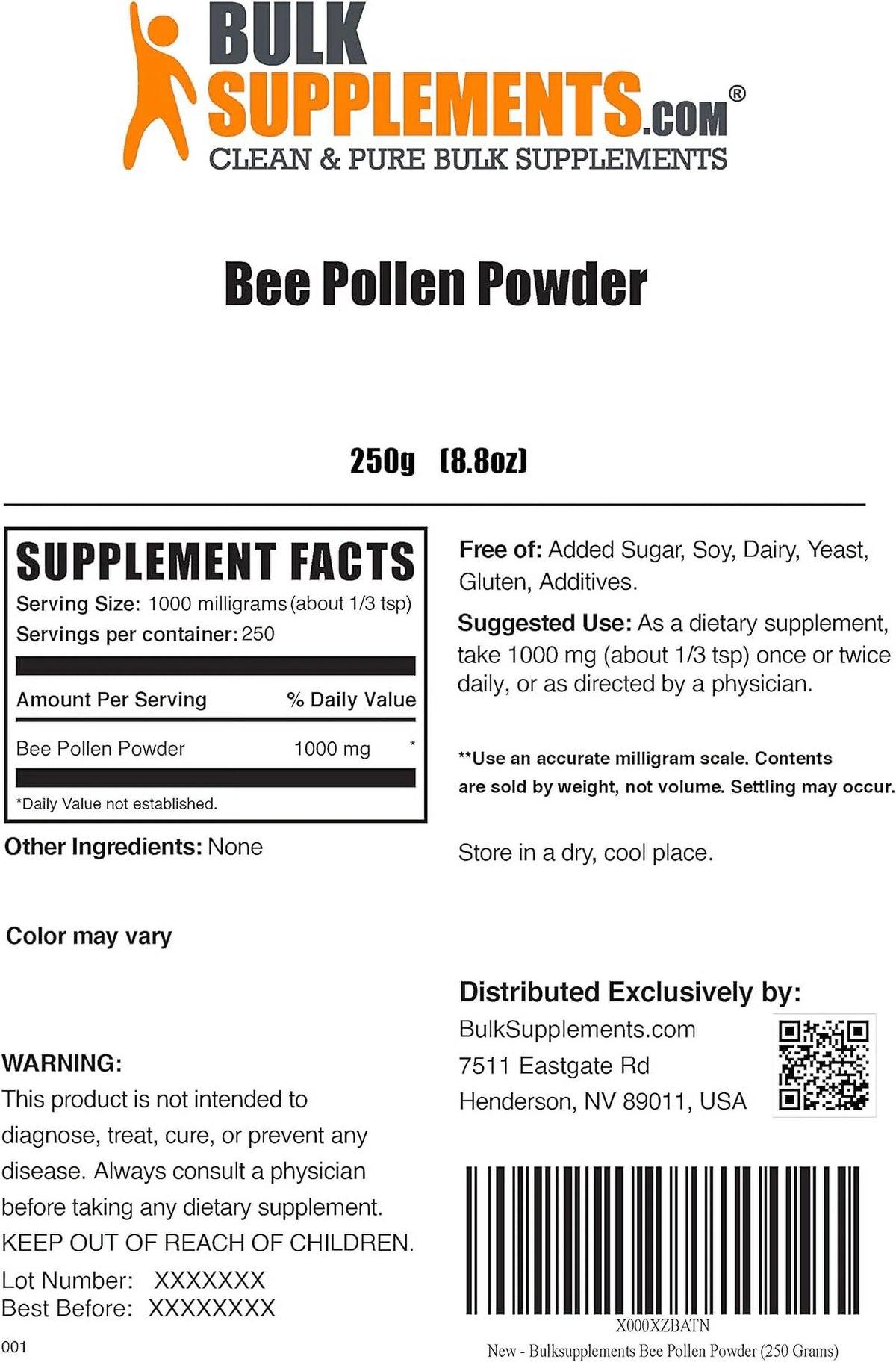 Bee Pollen Powder Dietary Supplement 1000mg 250 Servings T224