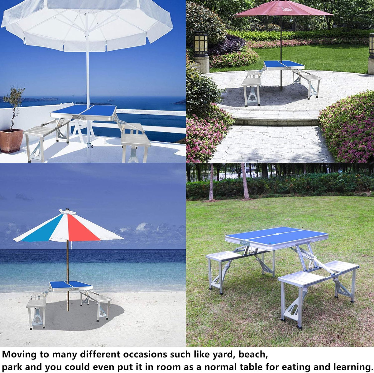Blue Folding Camping Table with 4 Seats Chairs and Umbrella Hole V2532